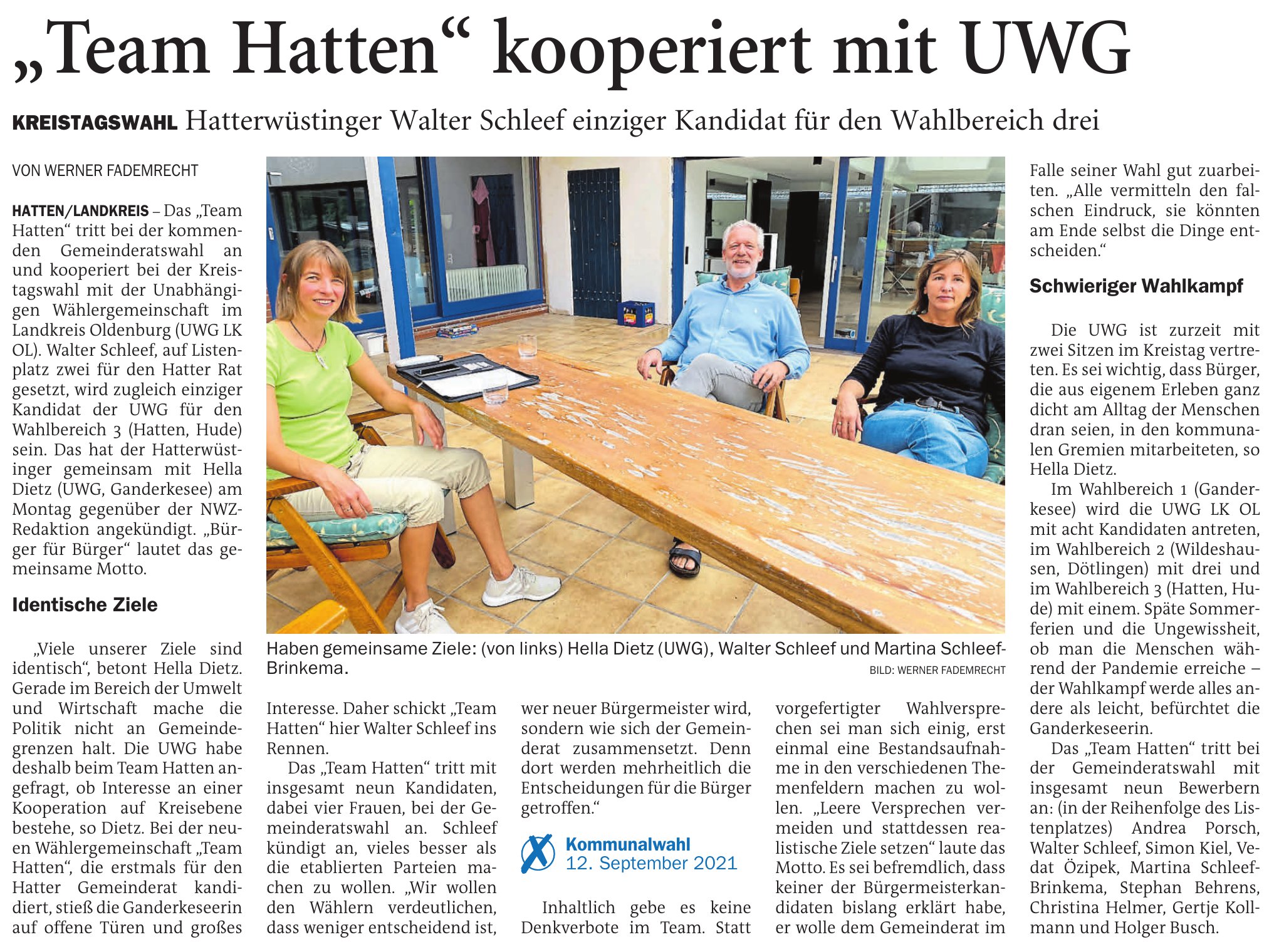 "Team Hatten" kooperiert mit UWG