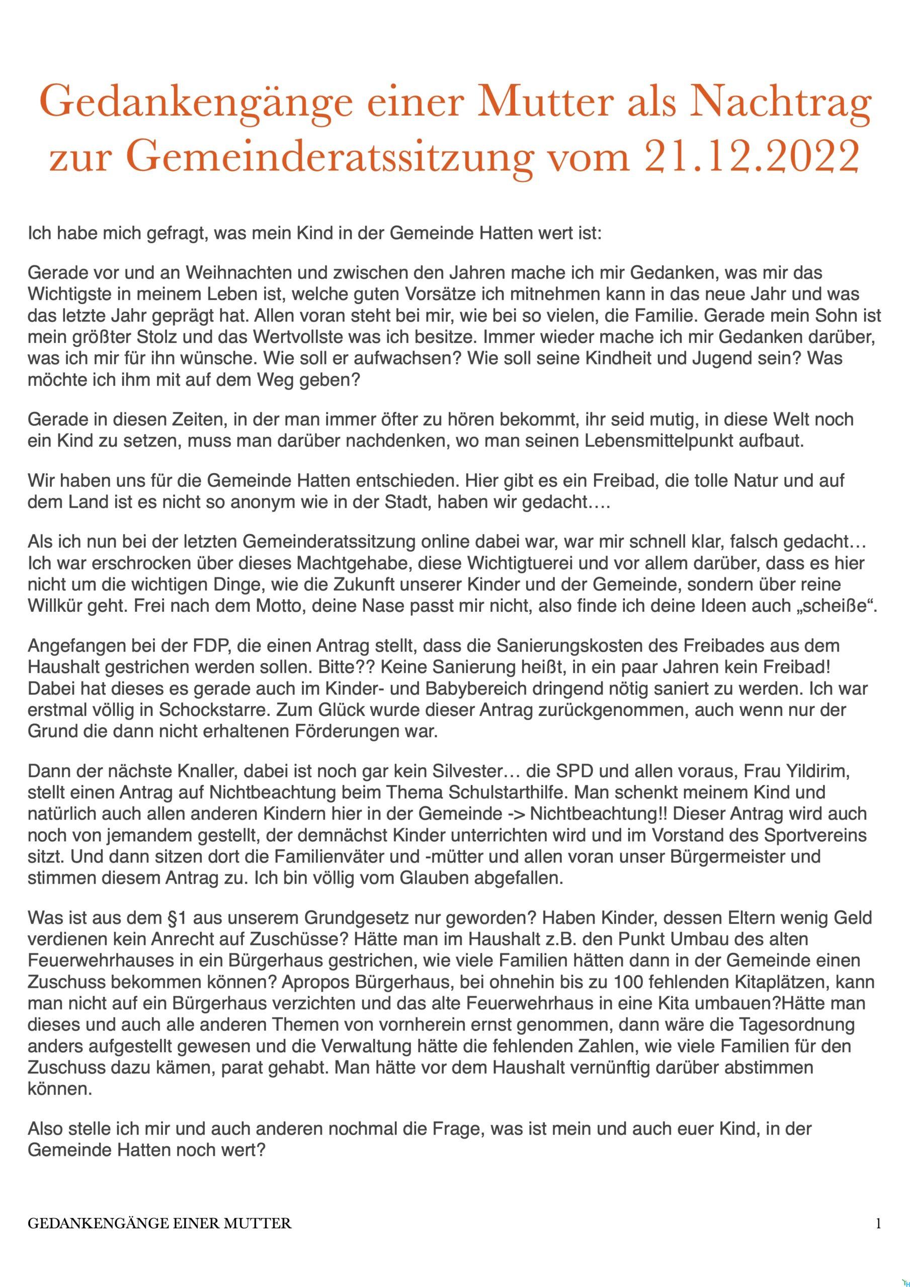 Gedankengänge einer Mutter als Nachtrag zur Gemeinderatssitzung vom 21.12.2022