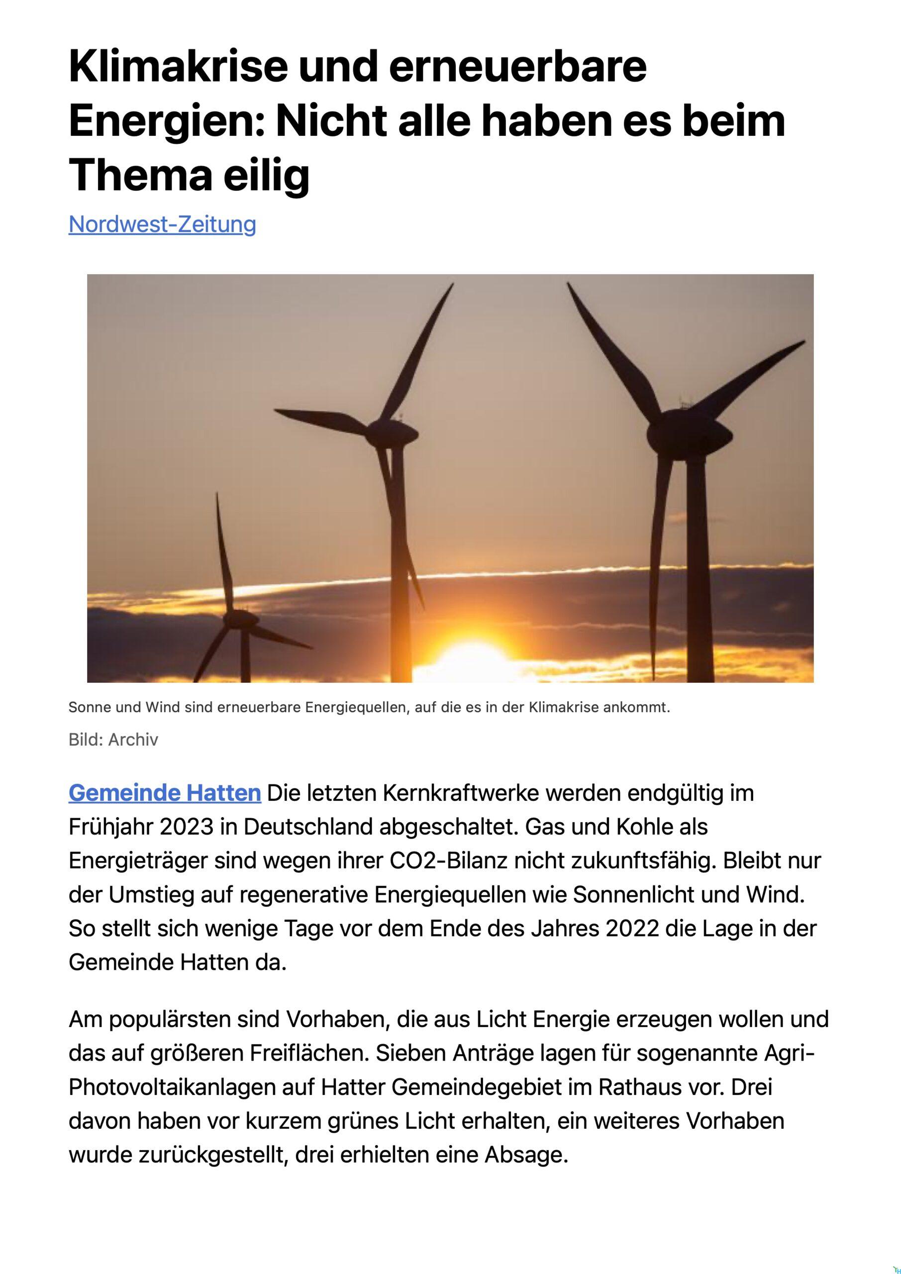 Gemeinde Hatten und Dötlingen im Vergleich: dort "Windkraft und Photovoltaik an erster Stelle" (Oltmanns) - hier: "Wir wollen nichts blockieren oder untätig sein" (Heinisch)