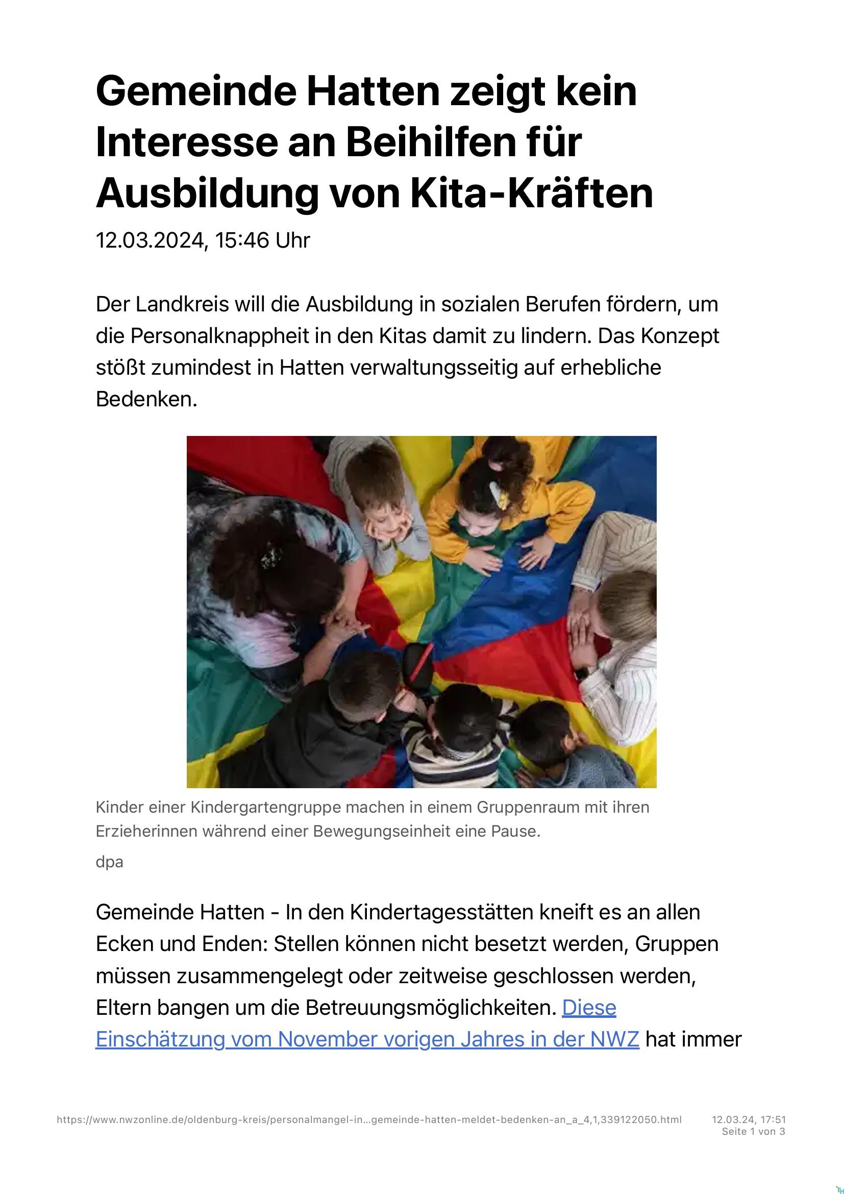 Gemeinde Hatten zeigt kein Interesse an Beihilfen für Ausbildung von Kita-Kräften